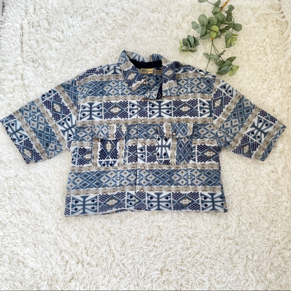 Vintage blue printed button‎ up fleece jacket